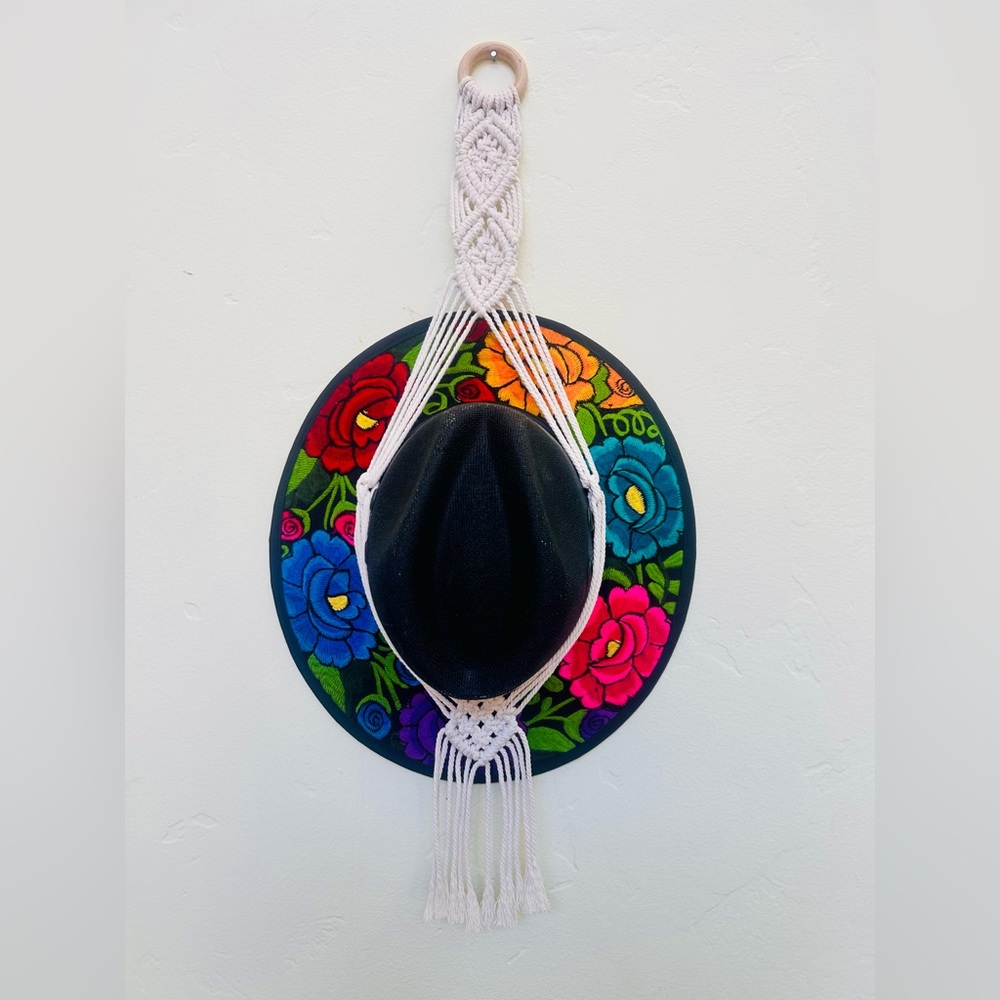 Colorful Floral Embroidered Hat with Single Macrame Hat Hanger. Boho, handmade